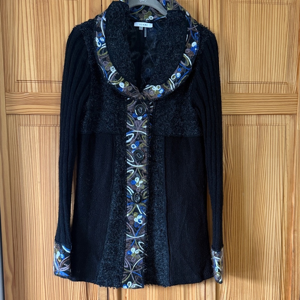 Etro Black Knit Cardigan with Multicolor Embroidered Trim